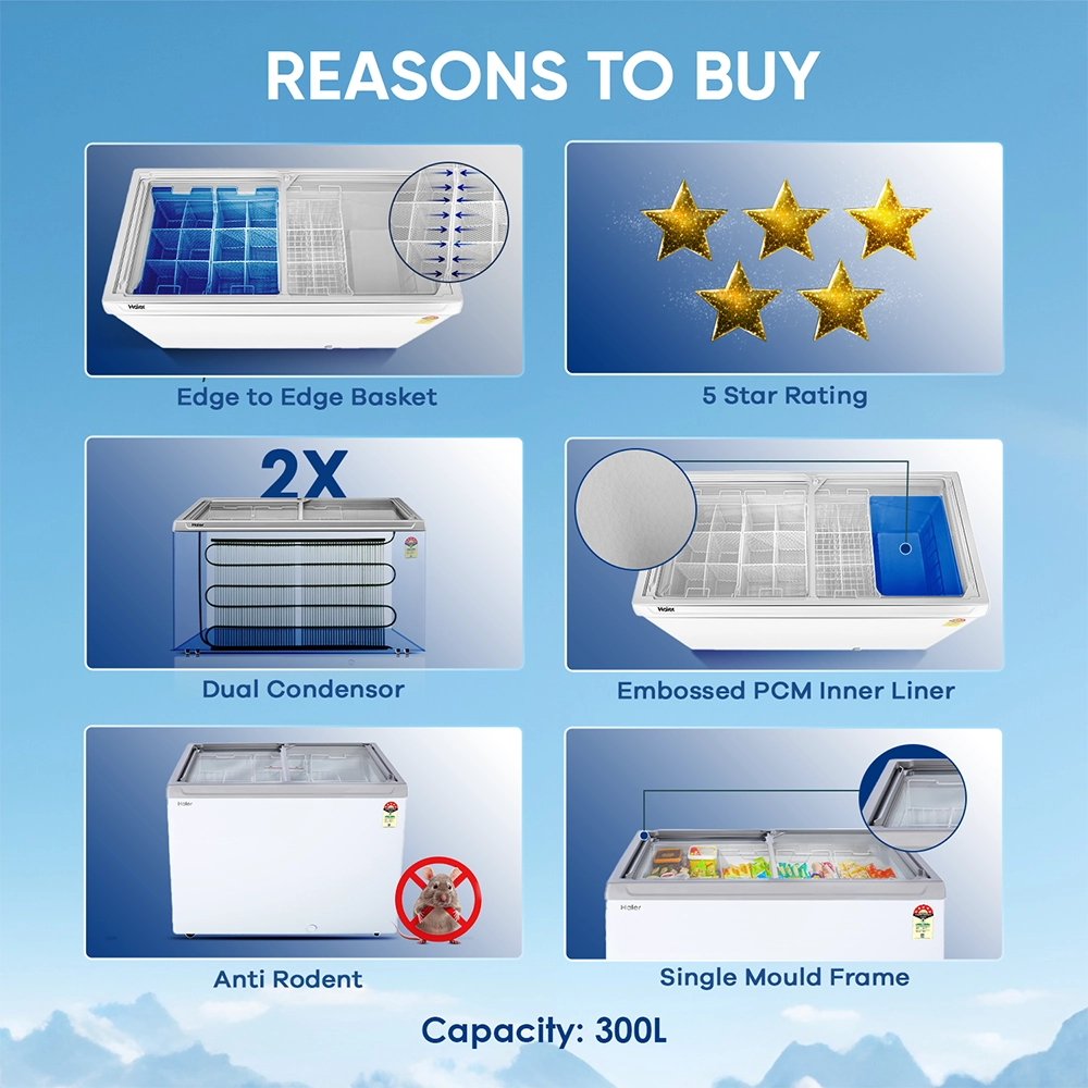 Haier 300 L Glass Top Freezer with LED & 4 Years Warranty 5 STAR